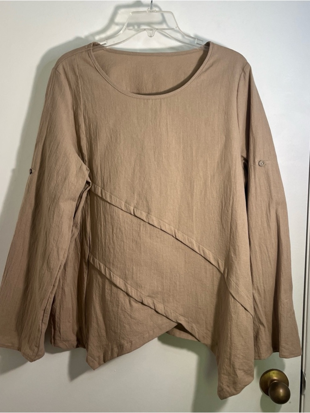 Women’s Relaxed Asymmetrical Long-Sleeve Top - Taupe XL Lagenlook Cotton